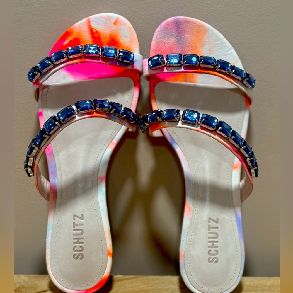 SCHUTZ Orange and Blue Sandals Vibrant Summer Style
